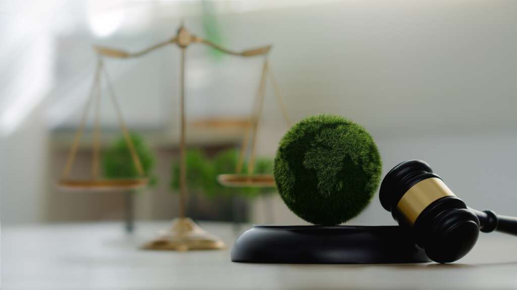 Law international environmental concept.world and wooden gavel with a golden scale.Green law.